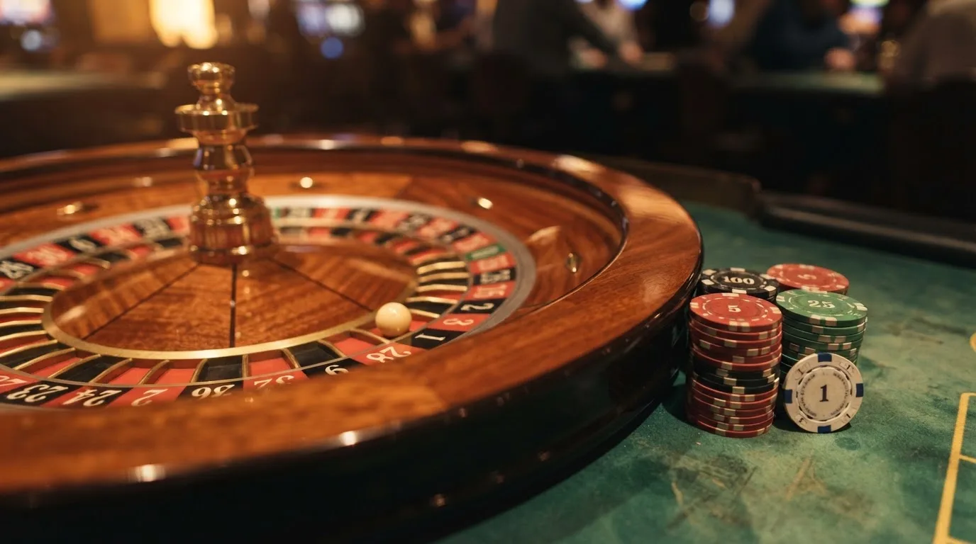 Roda de roleta e fichas sobre feltro verde, sob uma luz quente de fim de tarde — casinos com bônus em portugal