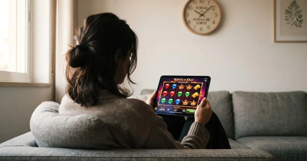 Pessoa num sofá a olhar pensativa para um tablet, com um relógio na parede atrás — casinos com bônus em portugal