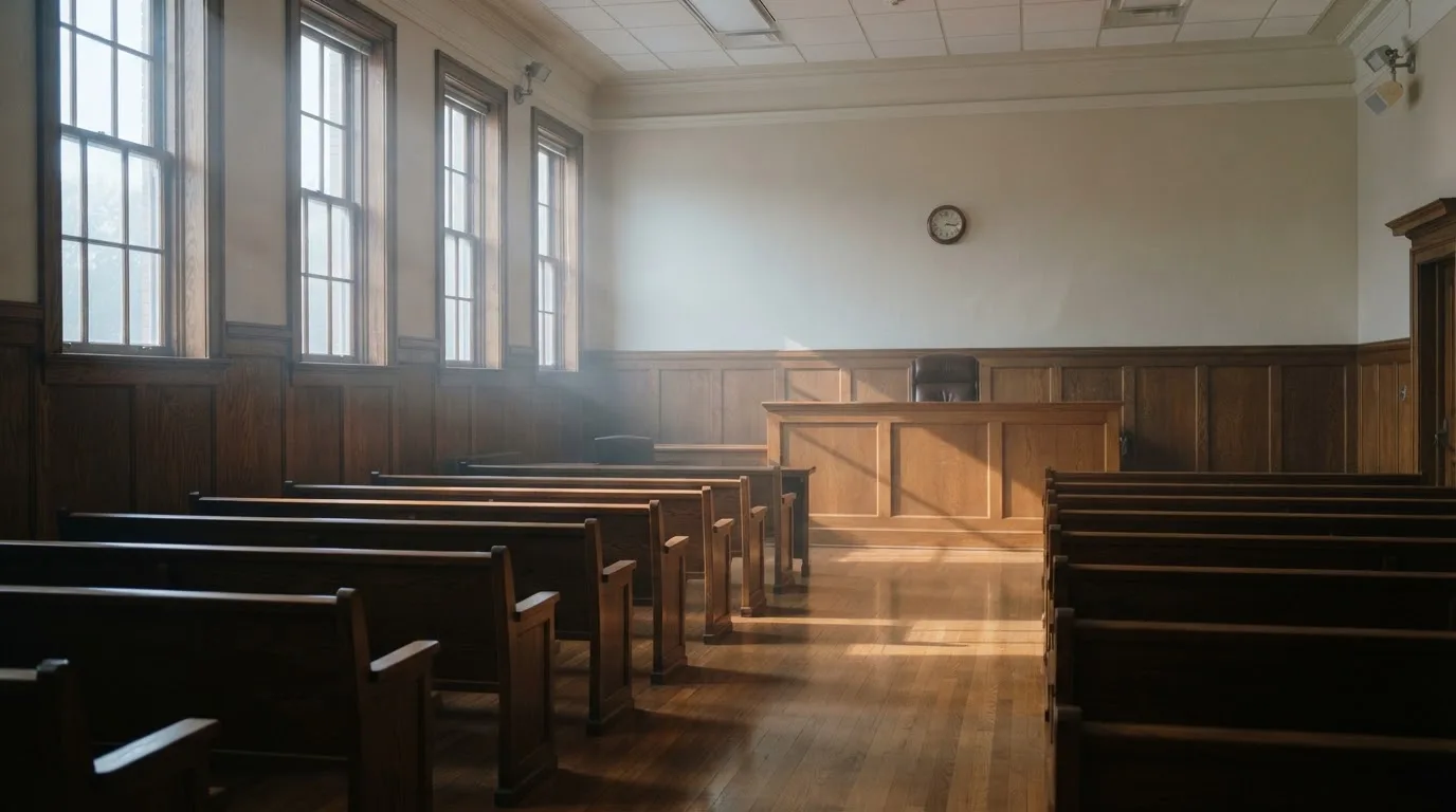 Sala de tribunal vazia com painéis de madeira, à luz da manhã — casinos com depósito mínimo pt