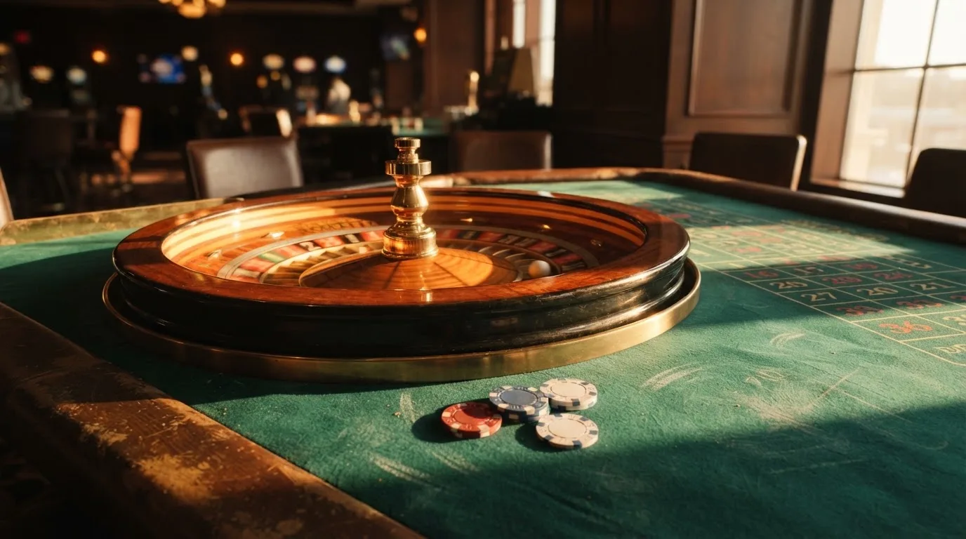 Roda de roleta e fichas sobre feltro verde, sob uma luz quente de fim de tarde — casinos com depósito mínimo pt
