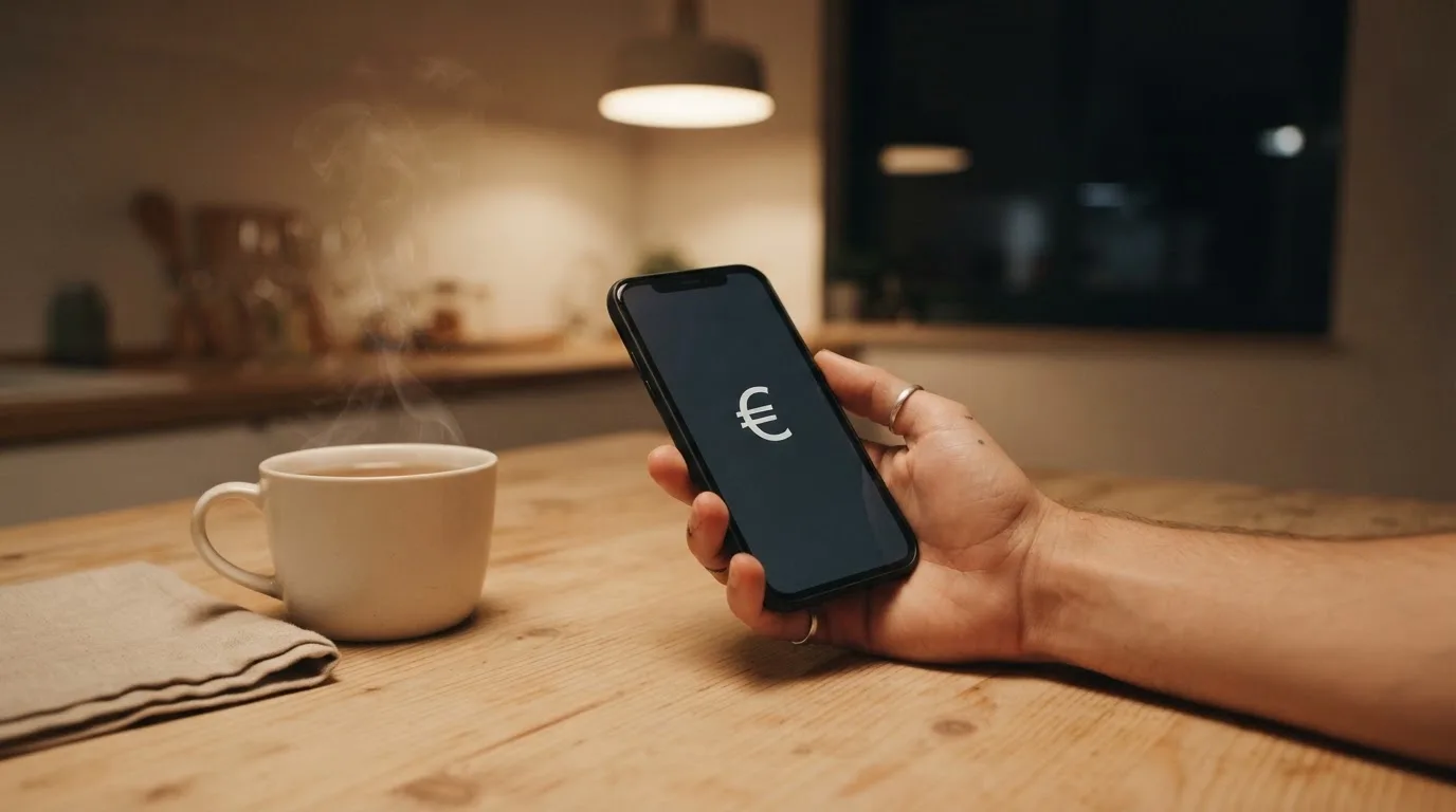Mão a segurar um telemóvel ao lado de uma chávena de chá numa mesa de cozinha, numa noite tranquila — casinos com dinheiro em portugal