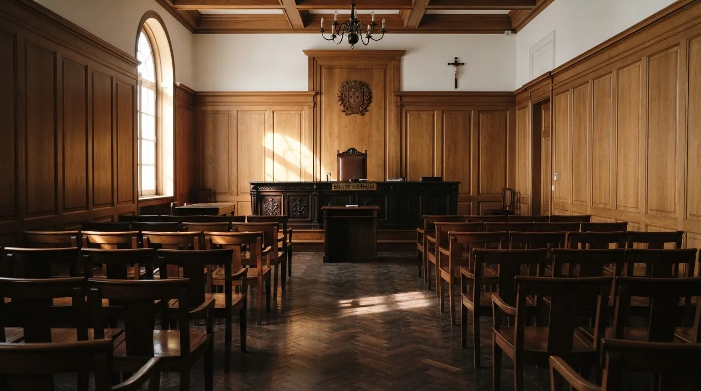 Sala de tribunal vazia com painéis de madeira, à luz da manhã — casinos com dinheiro em portugal