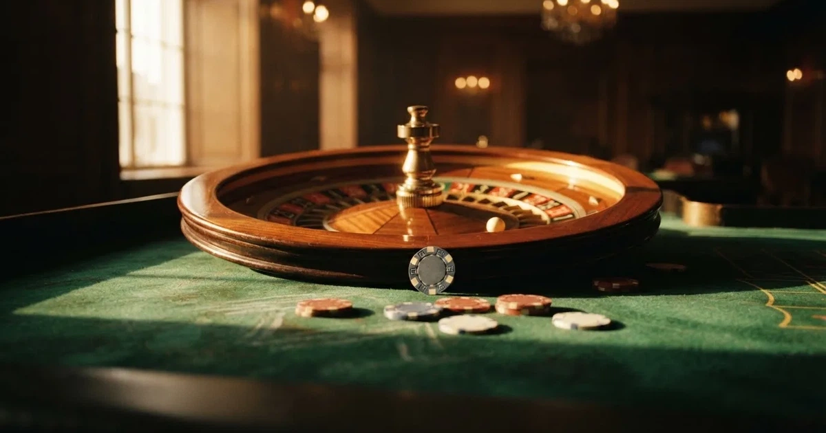 Roda de roleta e fichas sobre feltro verde, sob uma luz quente de fim de tarde — casinos com dinheiro em portugal
