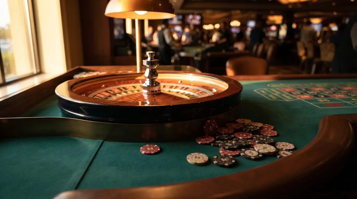 Roda de roleta e fichas sobre feltro verde, sob uma luz quente de fim de tarde — casinos com google pay em portugal