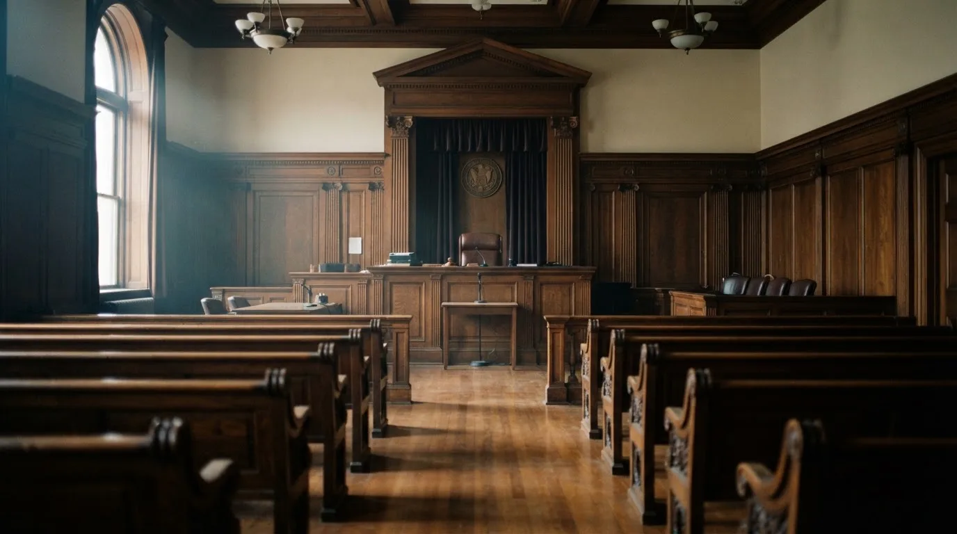 Sala de tribunal vazia com painéis de madeira, à luz da manhã — casinos com maestro em portugal