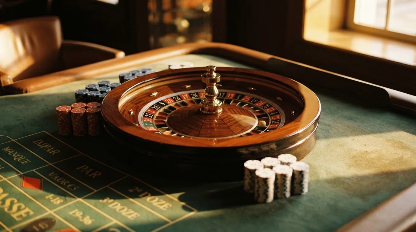 Roda de roleta e fichas sobre feltro verde, sob uma luz quente de fim de tarde — casinos com maestro em portugal