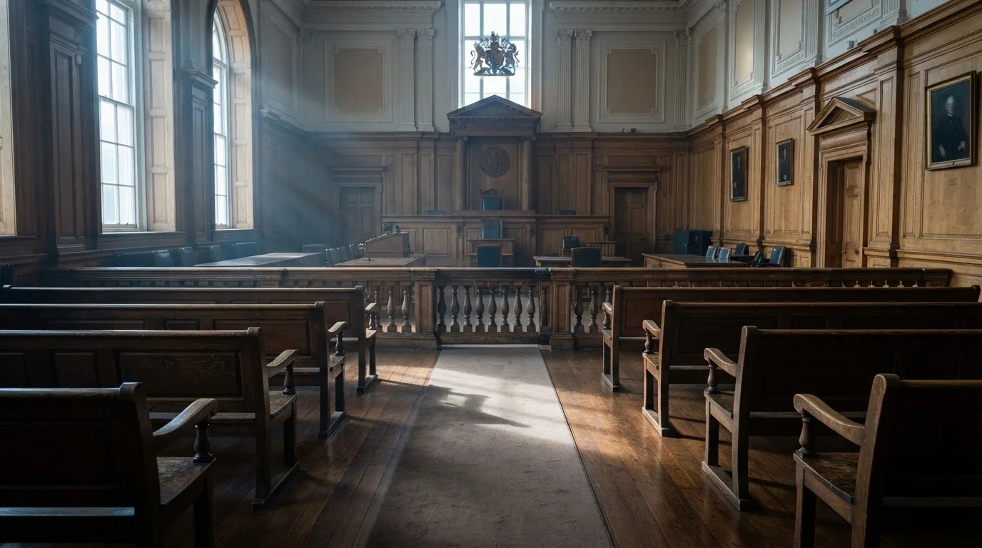 Sala de tribunal vazia com painéis de madeira, à luz da manhã — casinos com mastercard em portugal