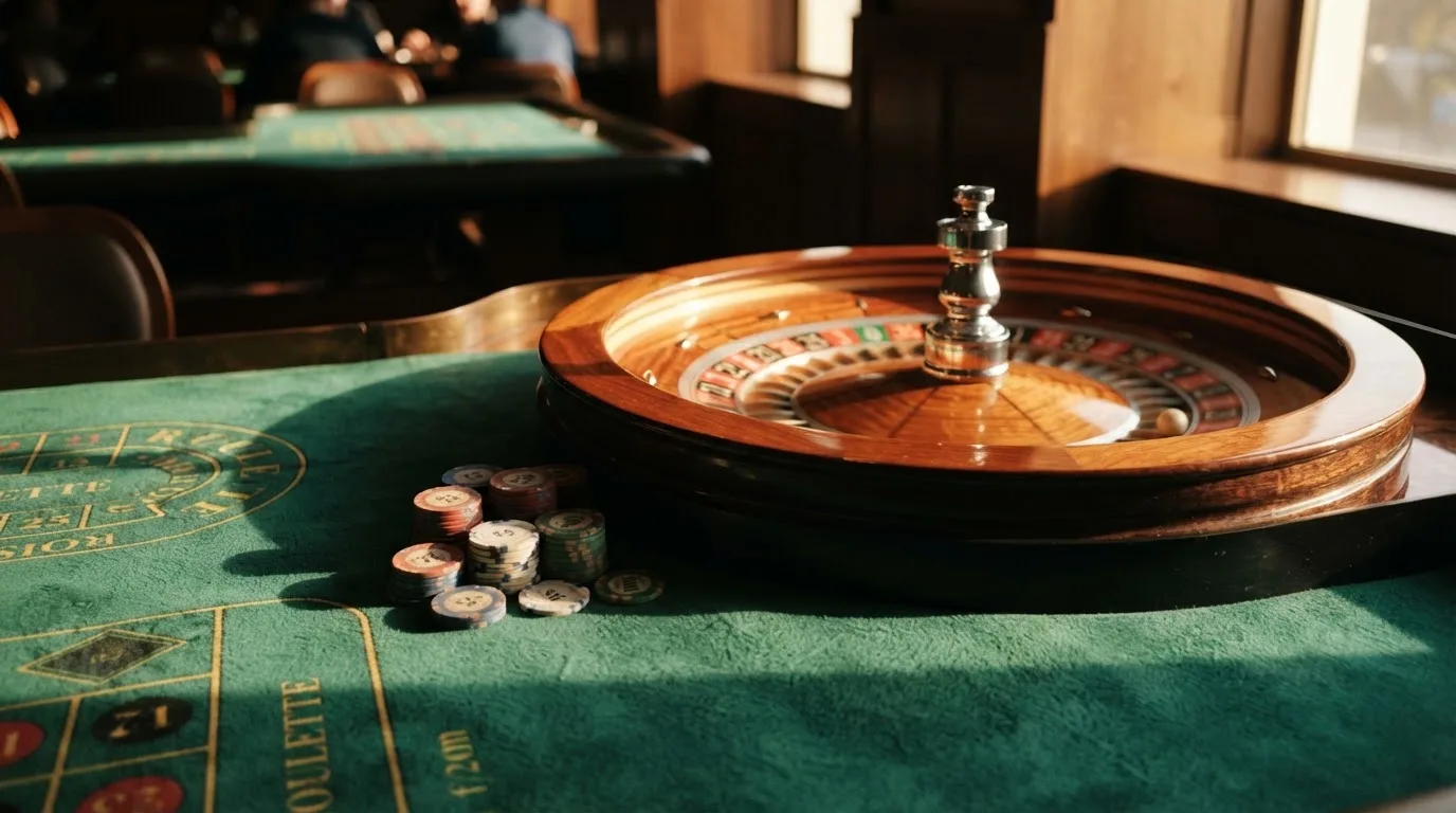 Roda de roleta e fichas sobre feltro verde, sob uma luz quente de fim de tarde — casinos com mastercard em portugal