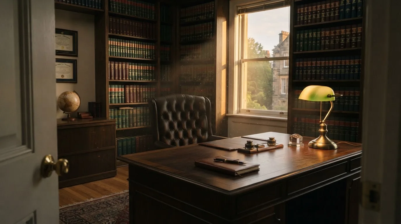 Escritório de advocacia com secretária de madeira, candeeiro de leitura e estantes de livros, sem pessoas, luz tranquila de fim de tarde.