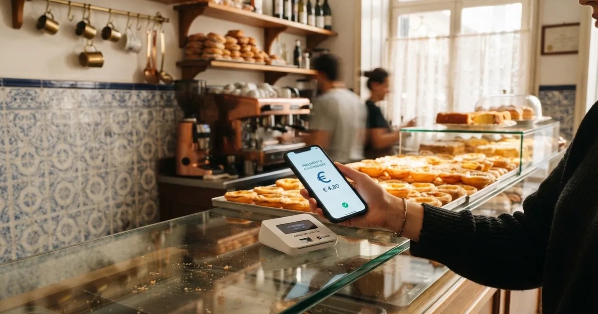 Cliente numa pastelaria portuguesa a pagar com o telemóvel num terminal discreto, balcão de vidro com pastéis desfocados ao fundo.