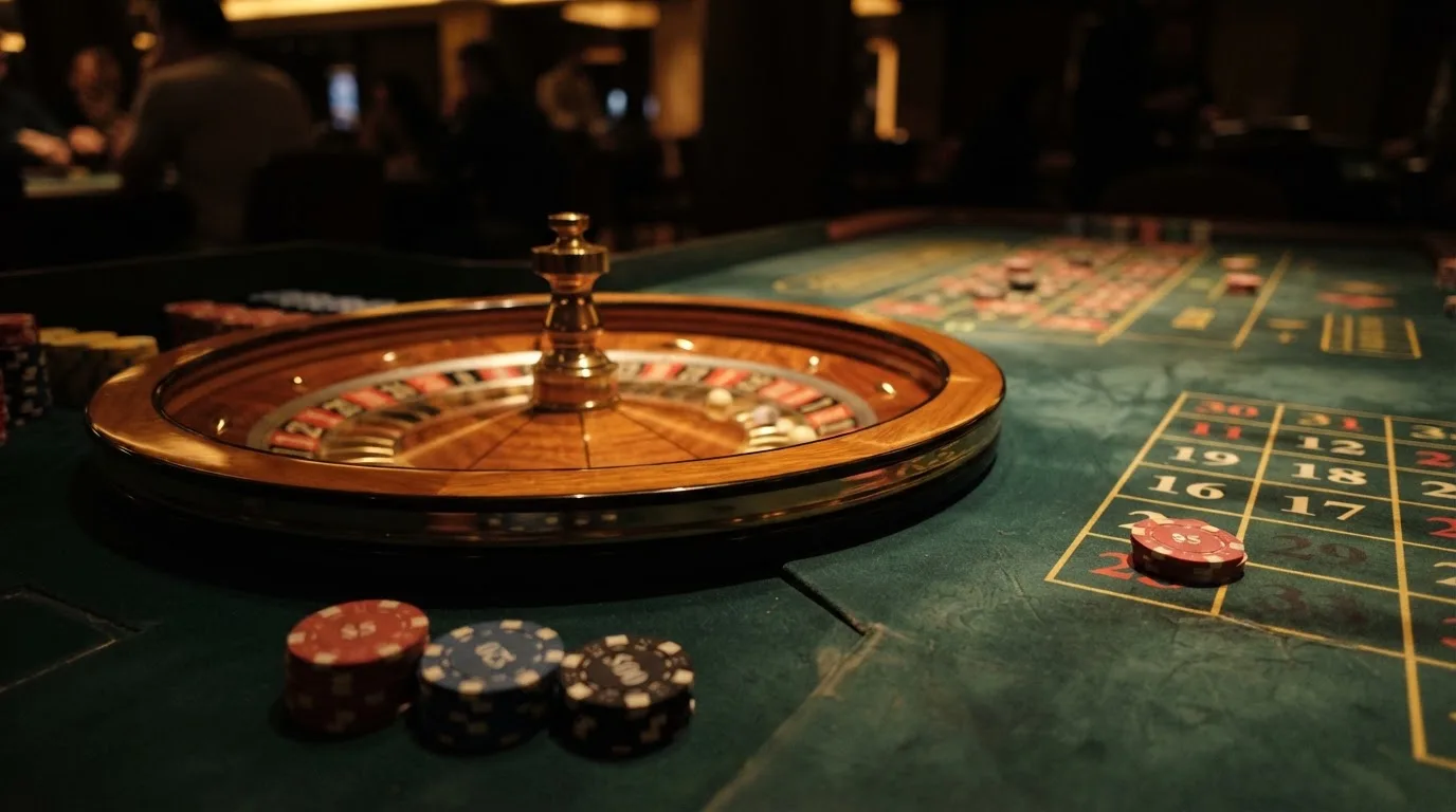 Roda de roleta e fichas sobre feltro verde, sob uma luz quente de fim de tarde — casinos com mifinity em portugal