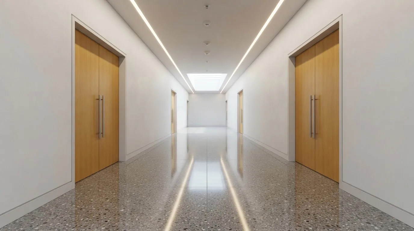 Corredor de um tribunal moderno com portas de madeira e pavimento polido, sem pessoas, luz natural vinda de uma claraboia.