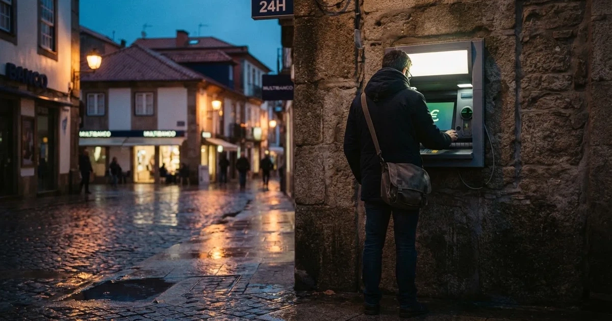 Pessoa de costas a usar um terminal bancário de rua ao anoitecer, com reflexos de candeeiros na calçada molhada.