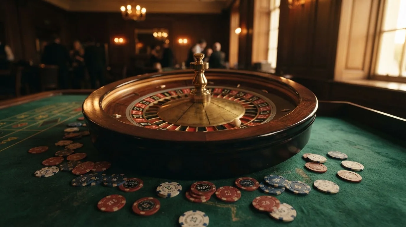 Roda de roleta e fichas sobre feltro verde, sob uma luz quente de fim de tarde — casinos com neteller em portugal