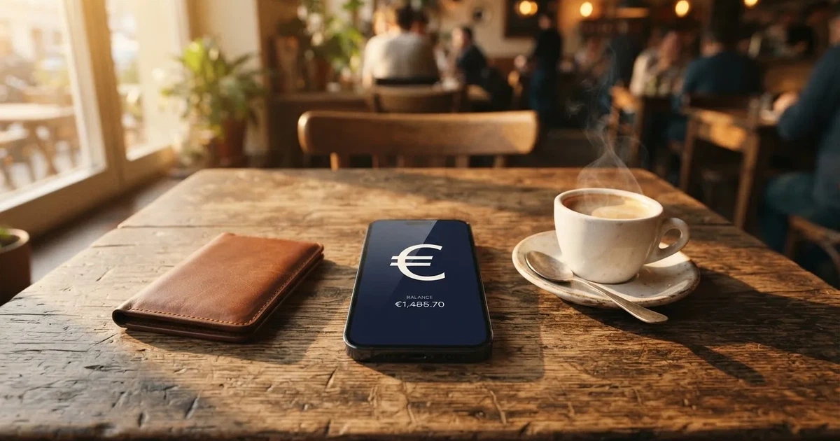 Telemóvel numa mesa de madeira ao lado de uma carteira e de uma chávena de café — casinos com neteller em portugal