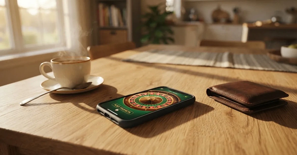 Telemóvel numa mesa de madeira ao lado de uma carteira e de uma chávena de café — casinos com paypal em portugal