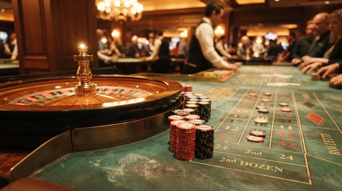 Roda de roleta e fichas sobre feltro verde, sob uma luz quente de fim de tarde — casinos com paysafecard em portugal
