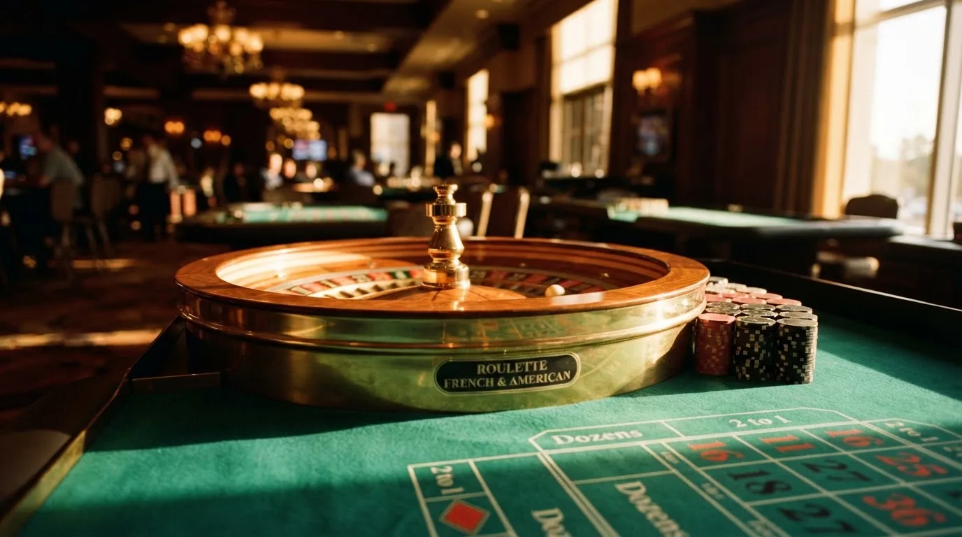 Roda de roleta e fichas sobre feltro verde, sob uma luz quente de fim de tarde — casinos com payu em portugal