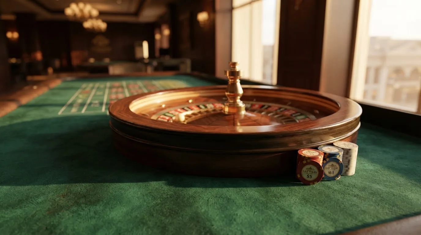 Roda de roleta e fichas sobre feltro verde, sob uma luz quente de fim de tarde — casinos com rodadas em portugal