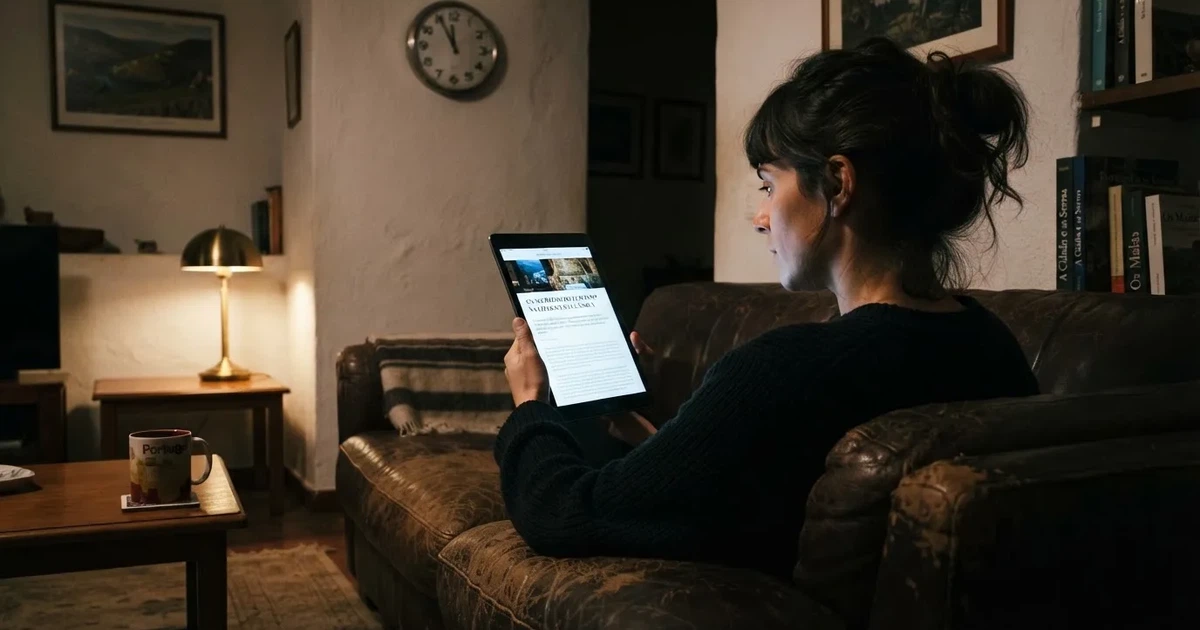 Pessoa num sofá a olhar pensativa para um tablet, com um relógio na parede atrás — casinos com rodadas em portugal
