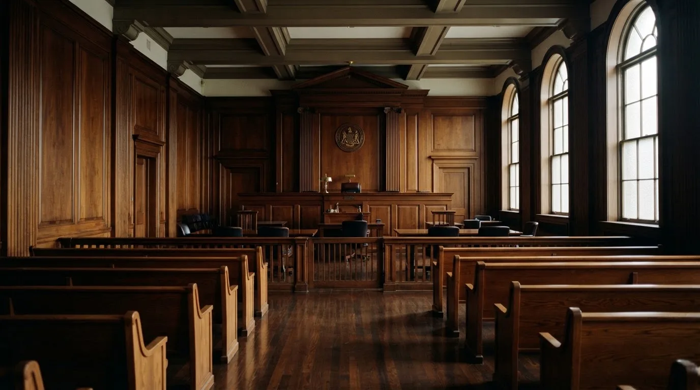 Sala de tribunal vazia com painéis de madeira, à luz da manhã — casinos com skrill em portugal