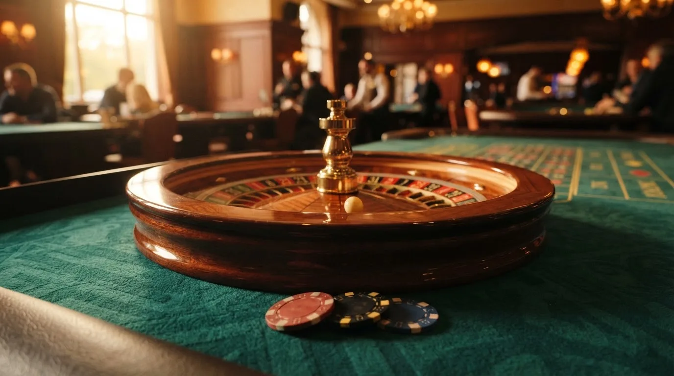 Roda de roleta e fichas sobre feltro verde, sob uma luz quente de fim de tarde — casinos com skrill em portugal