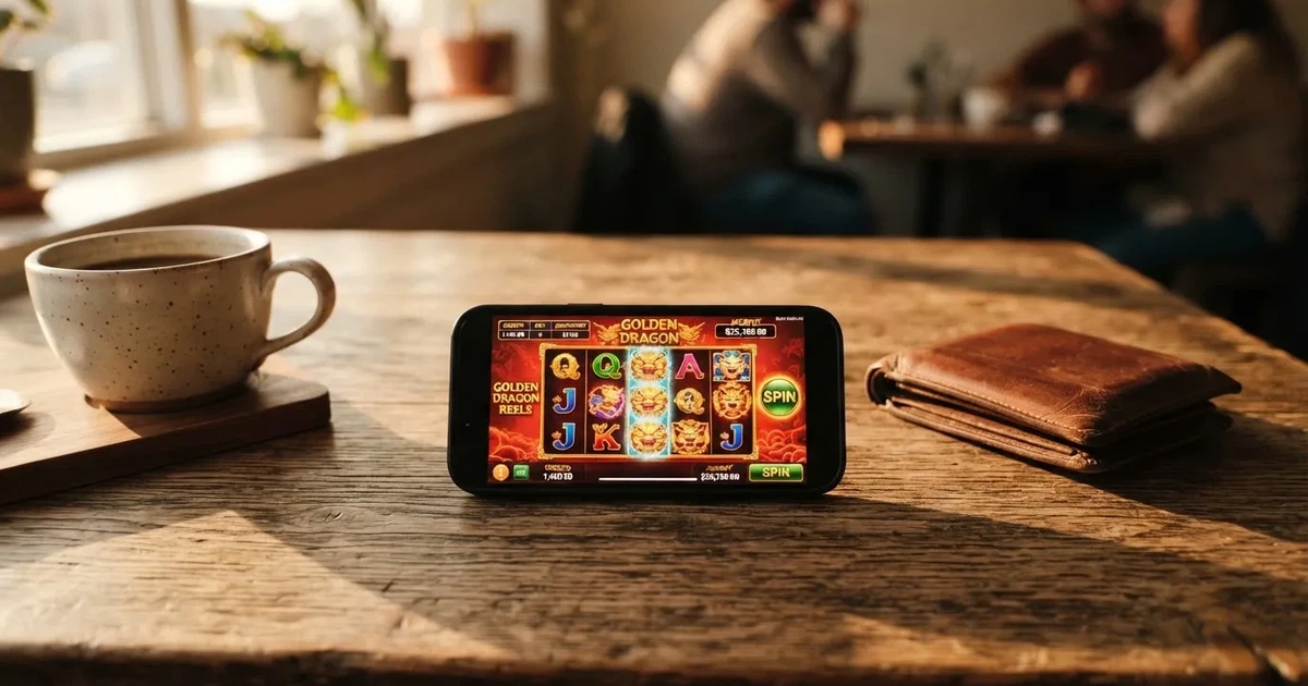 Telemóvel numa mesa de madeira ao lado de uma carteira e de uma chávena de café — casinos com skrill em portugal