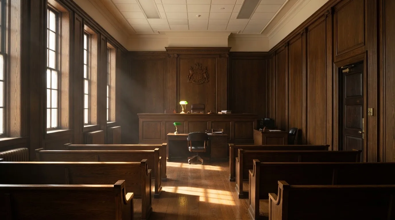 Sala de tribunal vazia com painéis de madeira, à luz da manhã — casinos com transferência bancária pt