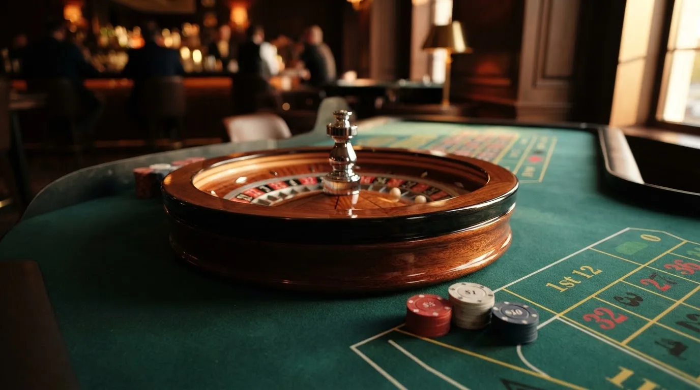 Roda de roleta e fichas sobre feltro verde, sob uma luz quente de fim de tarde — casinos com transferência bancária pt