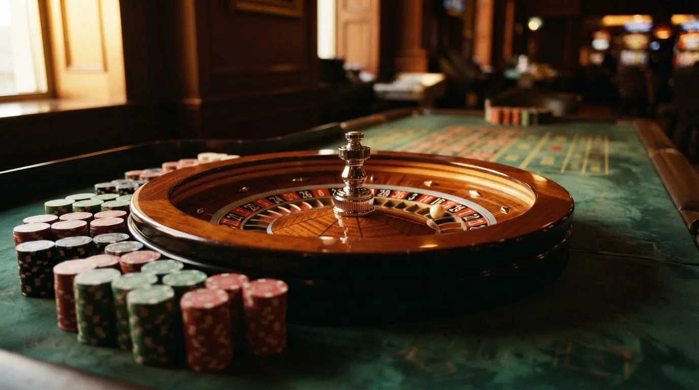 Roda de roleta e fichas sobre feltro verde, sob uma luz quente de fim de tarde — casinos com visa em portugal