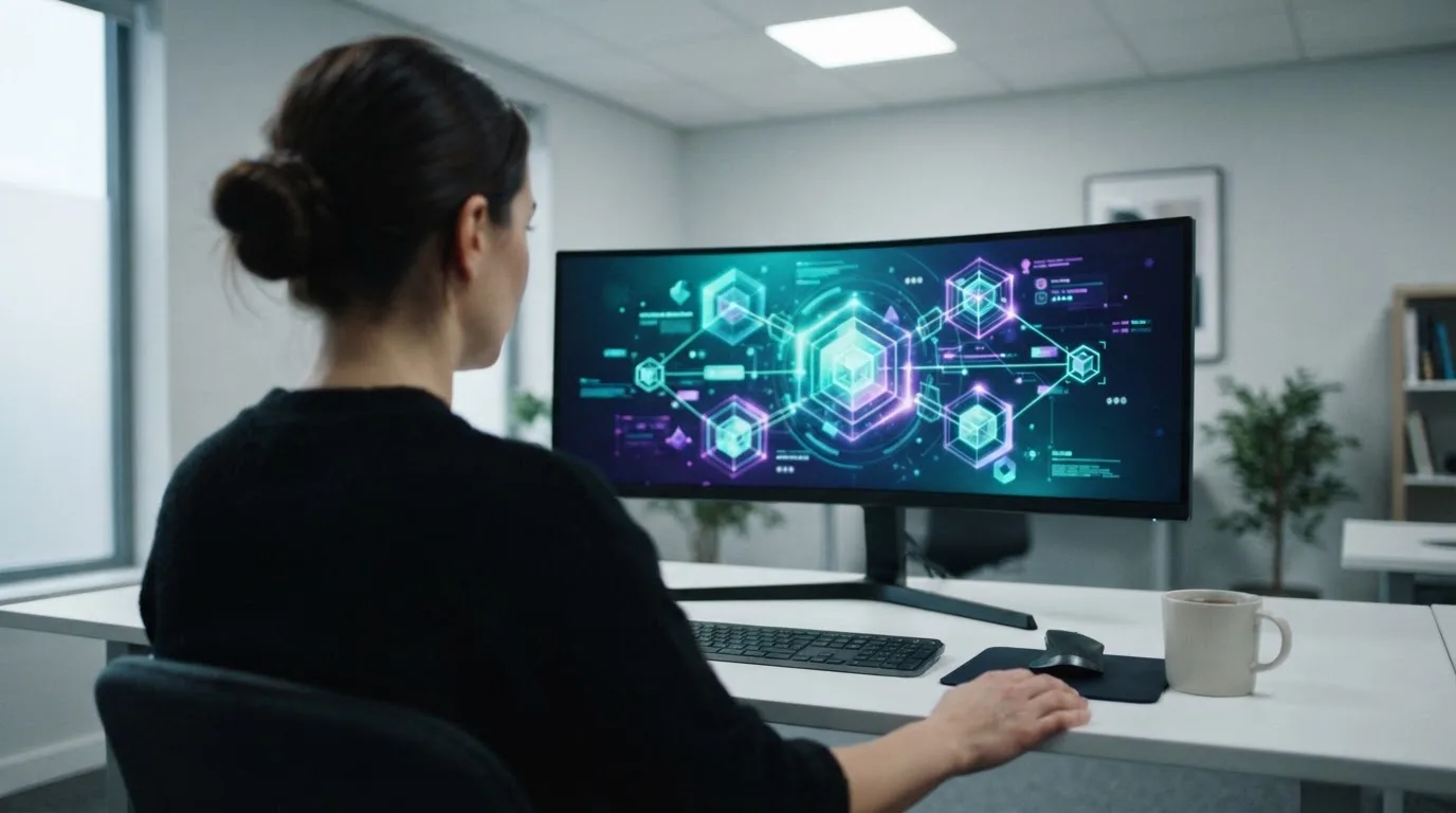 Mulher numa sala de computadores a observar um monitor com formas luminosas abstratas, ambiente de escritório moderno.
