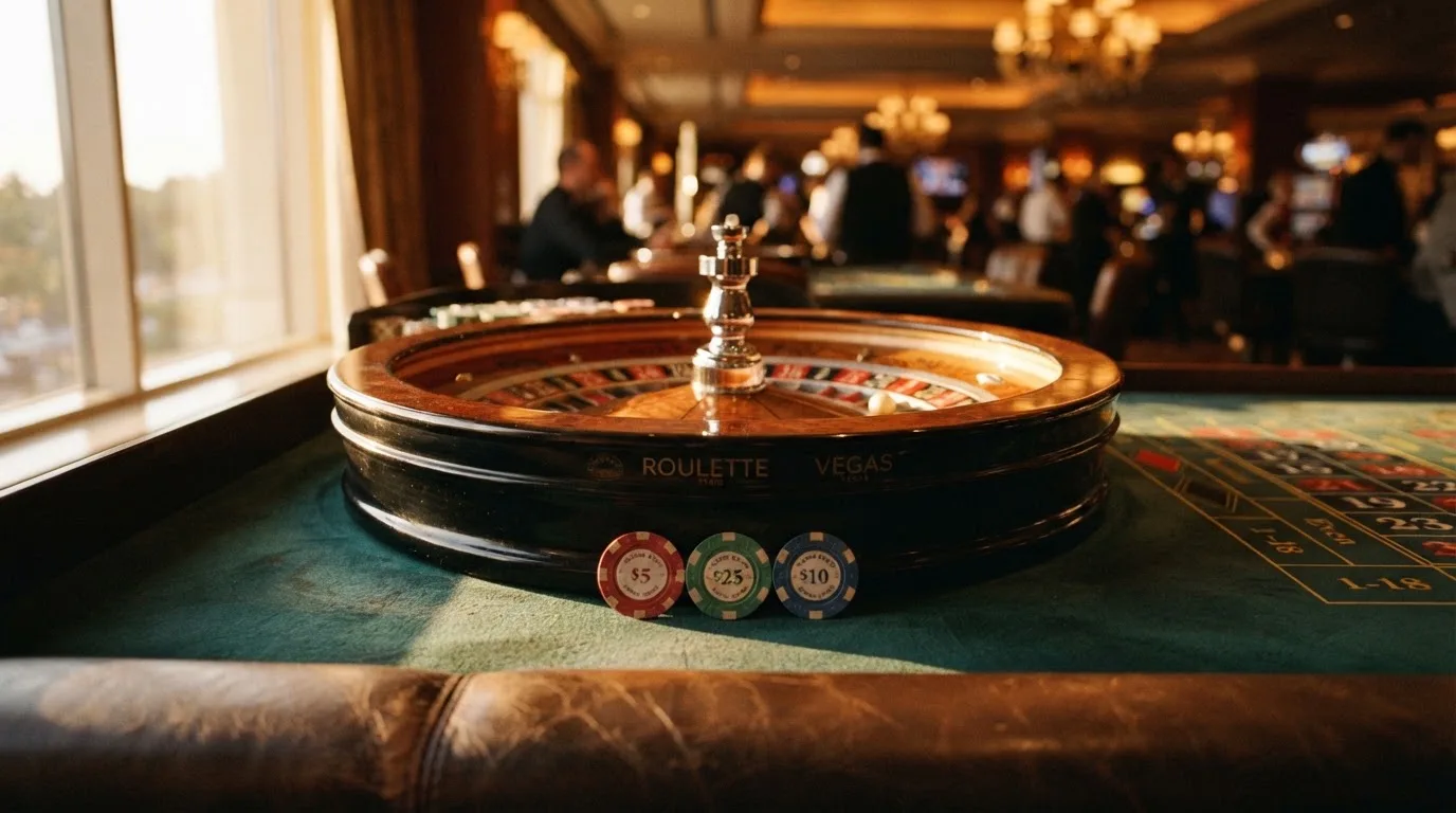 Roda de roleta e fichas sobre feltro verde, sob uma luz quente de fim de tarde — casinos grátis em portugal