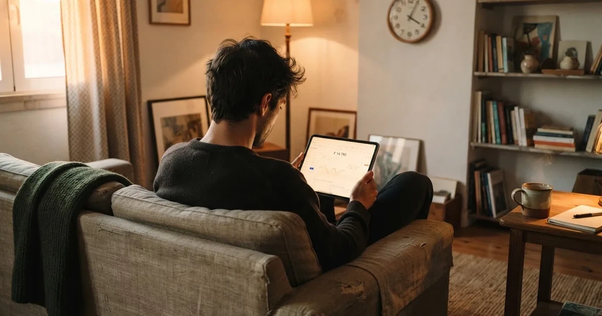 Pessoa num sofá a olhar pensativa para um tablet, com um relógio na parede atrás — casinos grátis em portugal