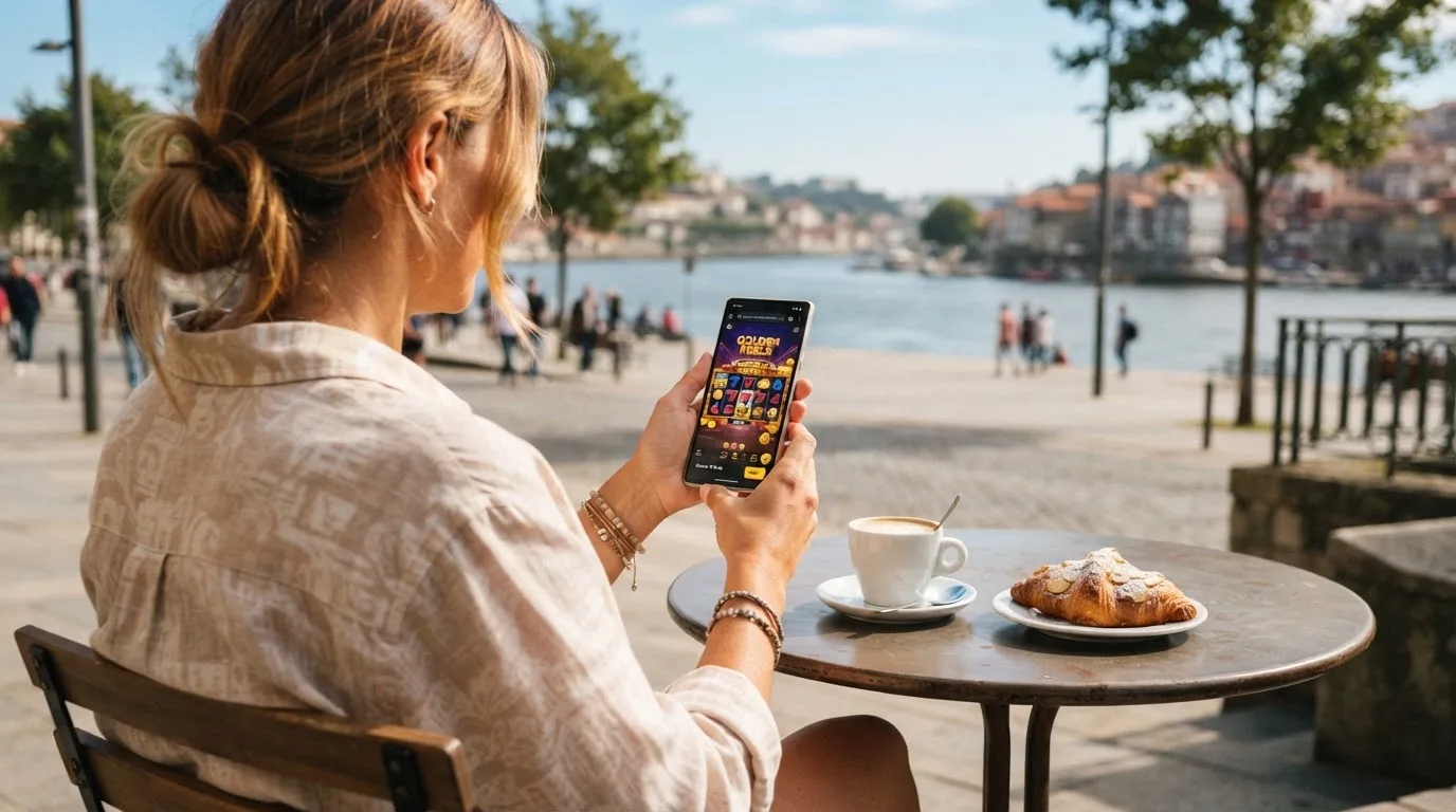 Pessoa a jogar no telemóvel numa esplanada, com um café pousado na mesa e o rio ao fundo, sob sol suave.
