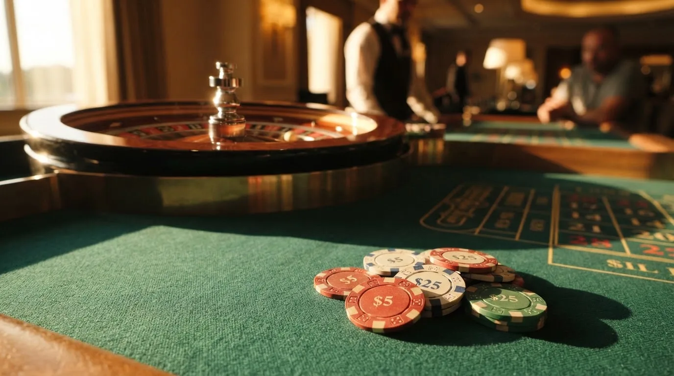 Roda de roleta e fichas sobre feltro verde, sob uma luz quente de fim de tarde — casinos online com depósito pt