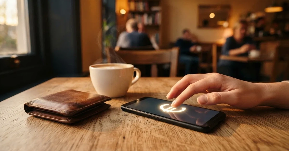 Telemóvel numa mesa de madeira ao lado de uma carteira e de uma chávena de café — casinos online com depósito pt