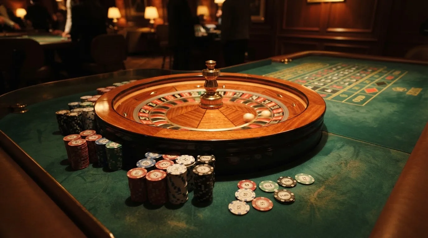 Roda de roleta e fichas sobre feltro verde, sob uma luz quente de fim de tarde — casinos online grátis em portugal