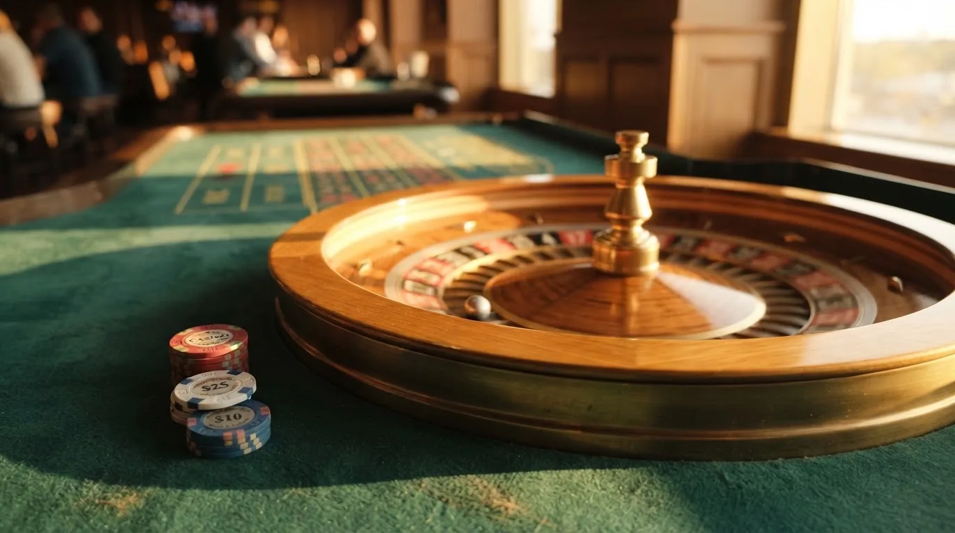 Roda de roleta e fichas sobre feltro verde, sob uma luz quente de fim de tarde — casinos online sem depósito pt