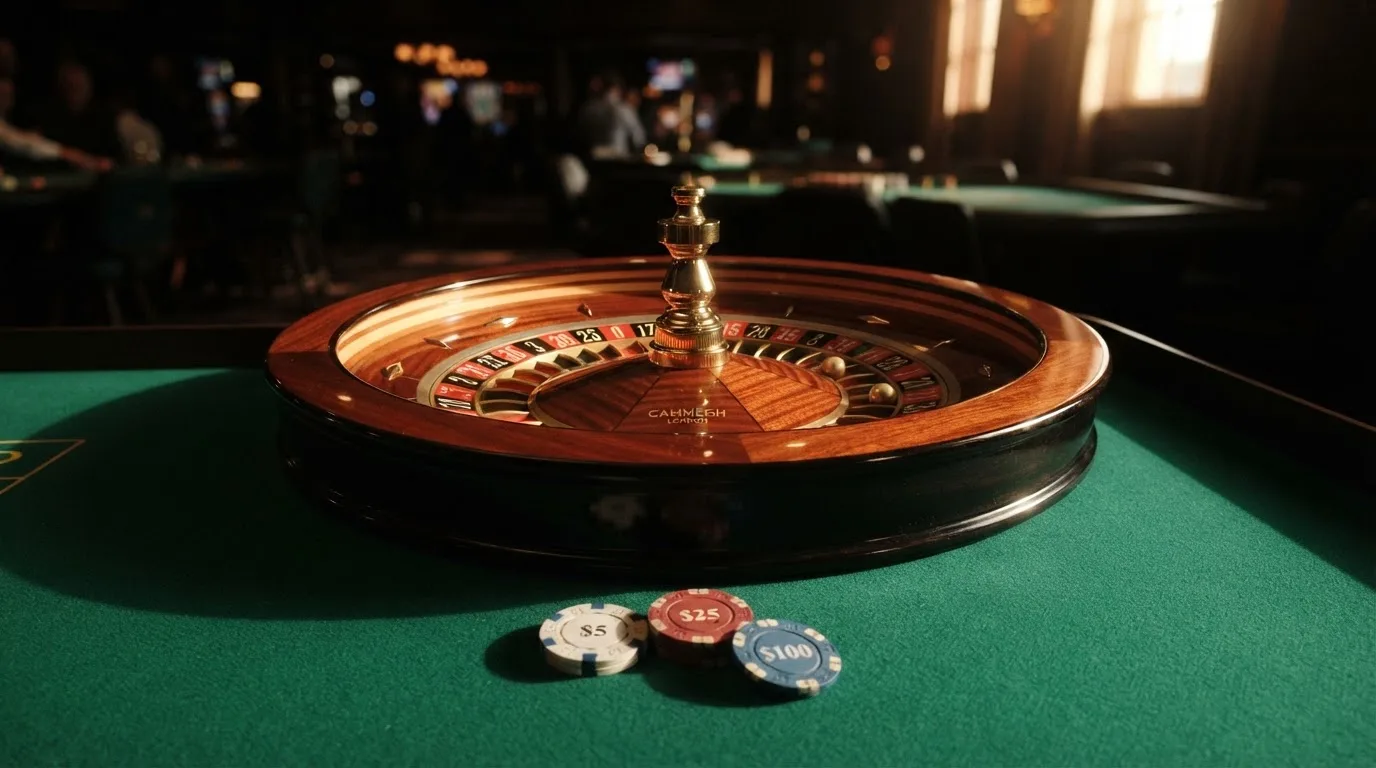 Roda de roleta e fichas sobre feltro verde, sob uma luz quente de fim de tarde — casinos para ganhar dinheiro pt
