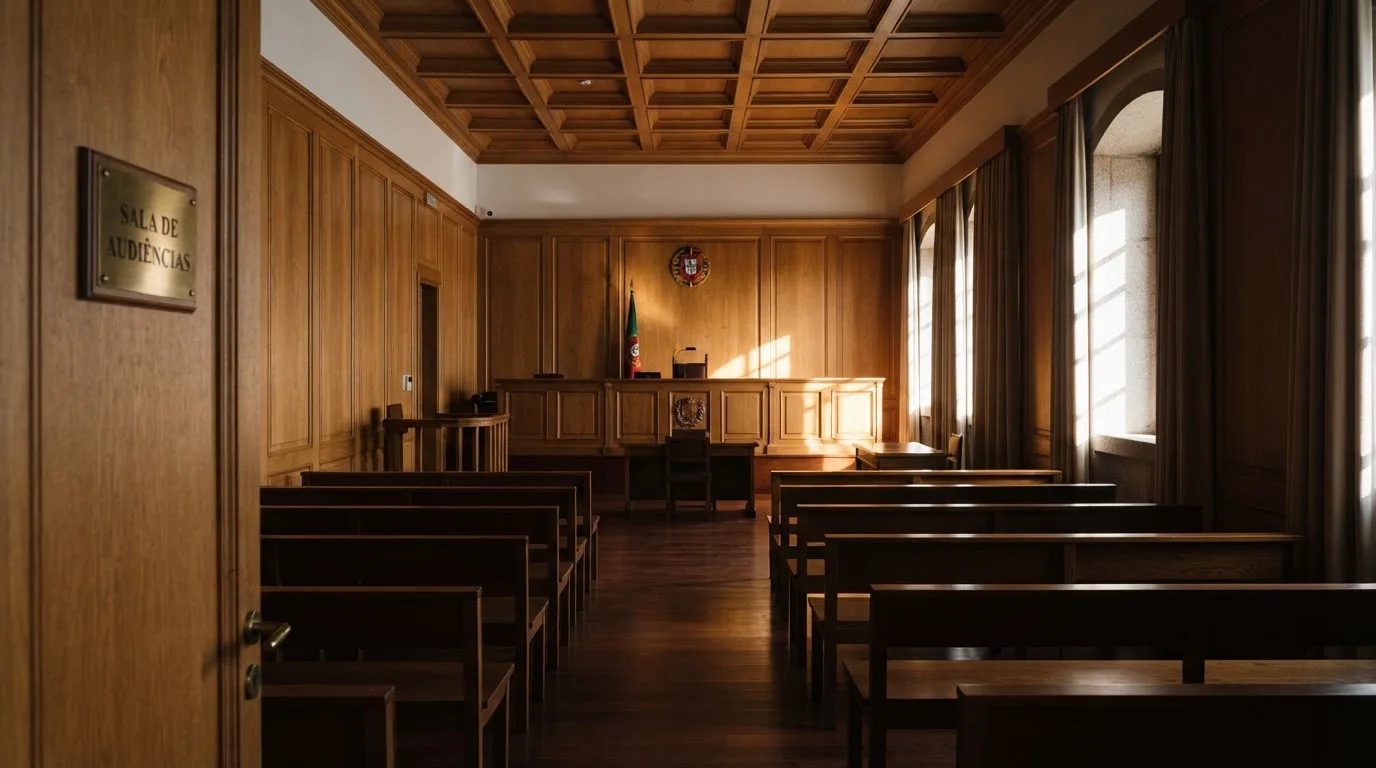 Sala de tribunal vazia com painéis de madeira, à luz da manhã — cassino com bônus em portugal