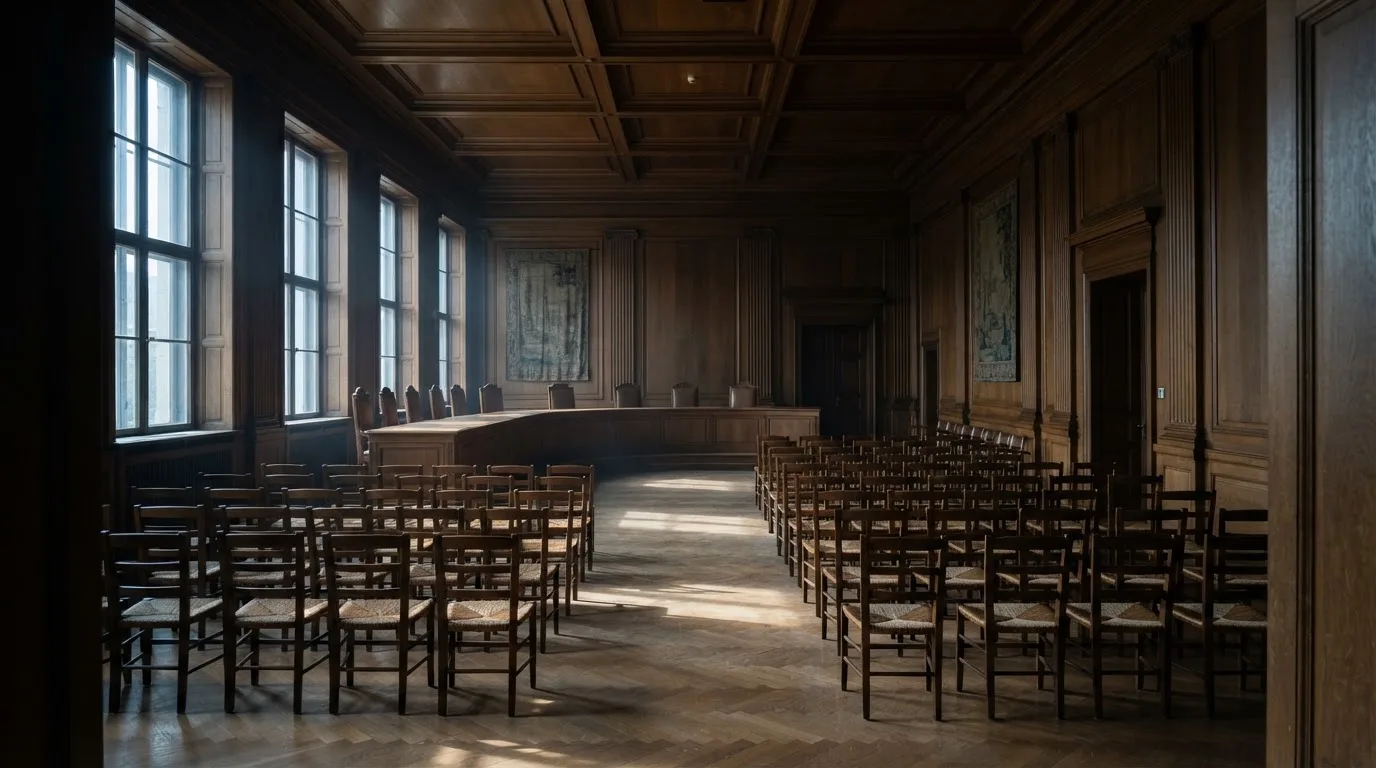 Sala de tribunal vazia com painéis de madeira, à luz da manhã — cassino com depósito em portugal