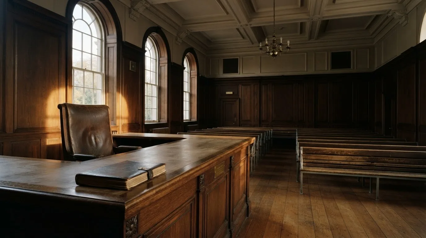 Sala de tribunal vazia com painéis de madeira, à luz da manhã — cassino com roleta em portugal