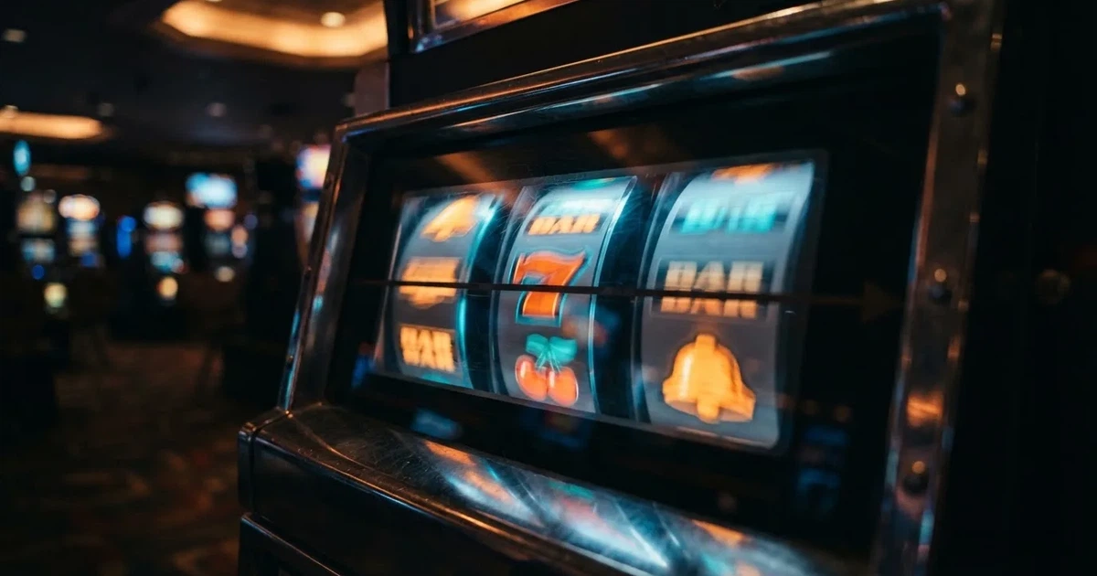 Rolos luminosos de uma slot machine numa sala escura, em grande plano — cassino grátis em portugal