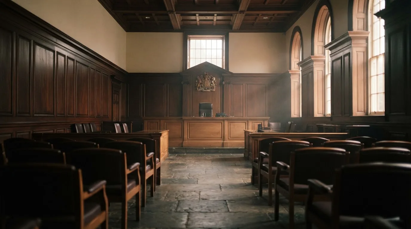 Sala de tribunal vazia com painéis de madeira, à luz da manhã — cassinos ao vivo em portugal