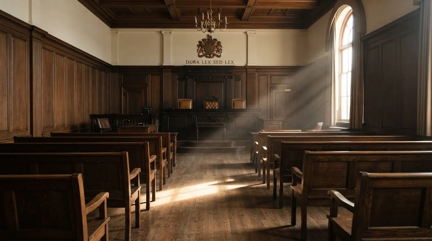 Sala de tribunal vazia com painéis de madeira, à luz da manhã — cassinos com bitcoin em portugal