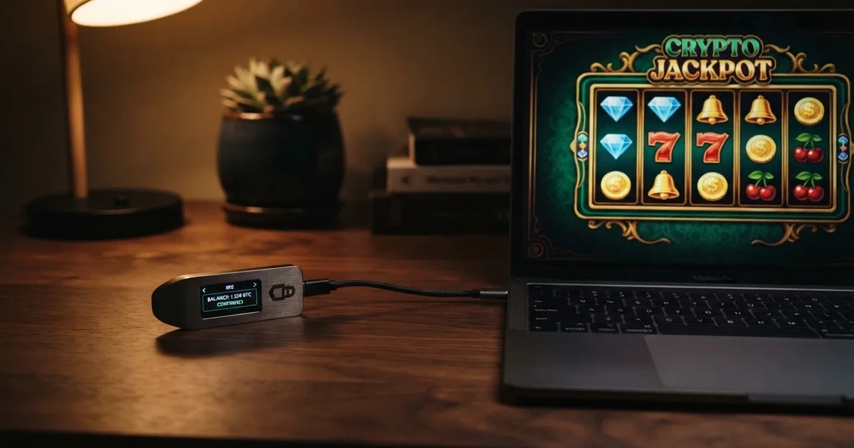 Carteira de hardware e computador portátil numa secretária, com luz suave — cassinos com bitcoin em portugal