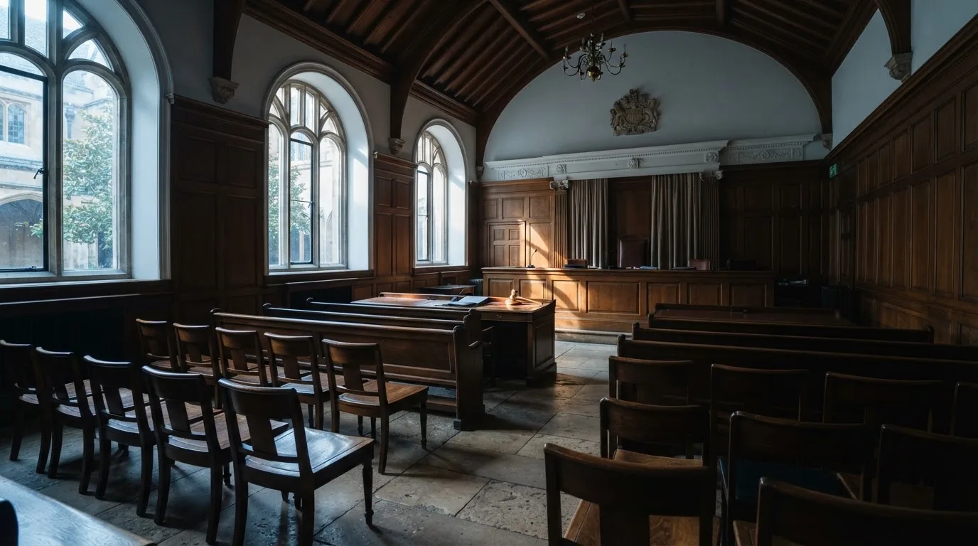 Sala de tribunal vazia com painéis de madeira, à luz da manhã — cassinos de criptomoedas pt