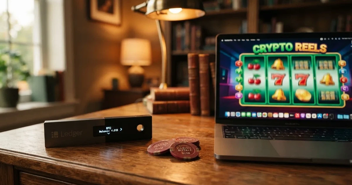 Carteira de hardware e computador portátil numa secretária, com luz suave — cassinos de criptomoedas pt