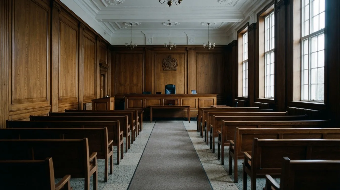 Sala de tribunal vazia com painéis de madeira, à luz da manhã — cassinos online em portugal