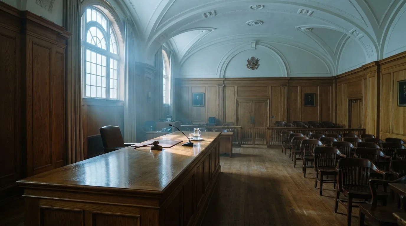 Sala de tribunal vazia com painéis de madeira, à luz da manhã — cassinos sem kyc em portugal